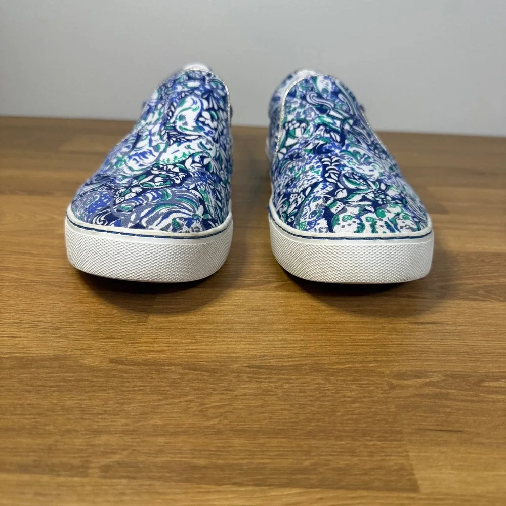 Lilly Pulitzer Blue Green Paisley Slip On Sneakers Metallic Gold Trim 001293 9